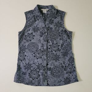 Exofficio Women's Gray Floral Sleeveless  V-neck Button-down Blouse